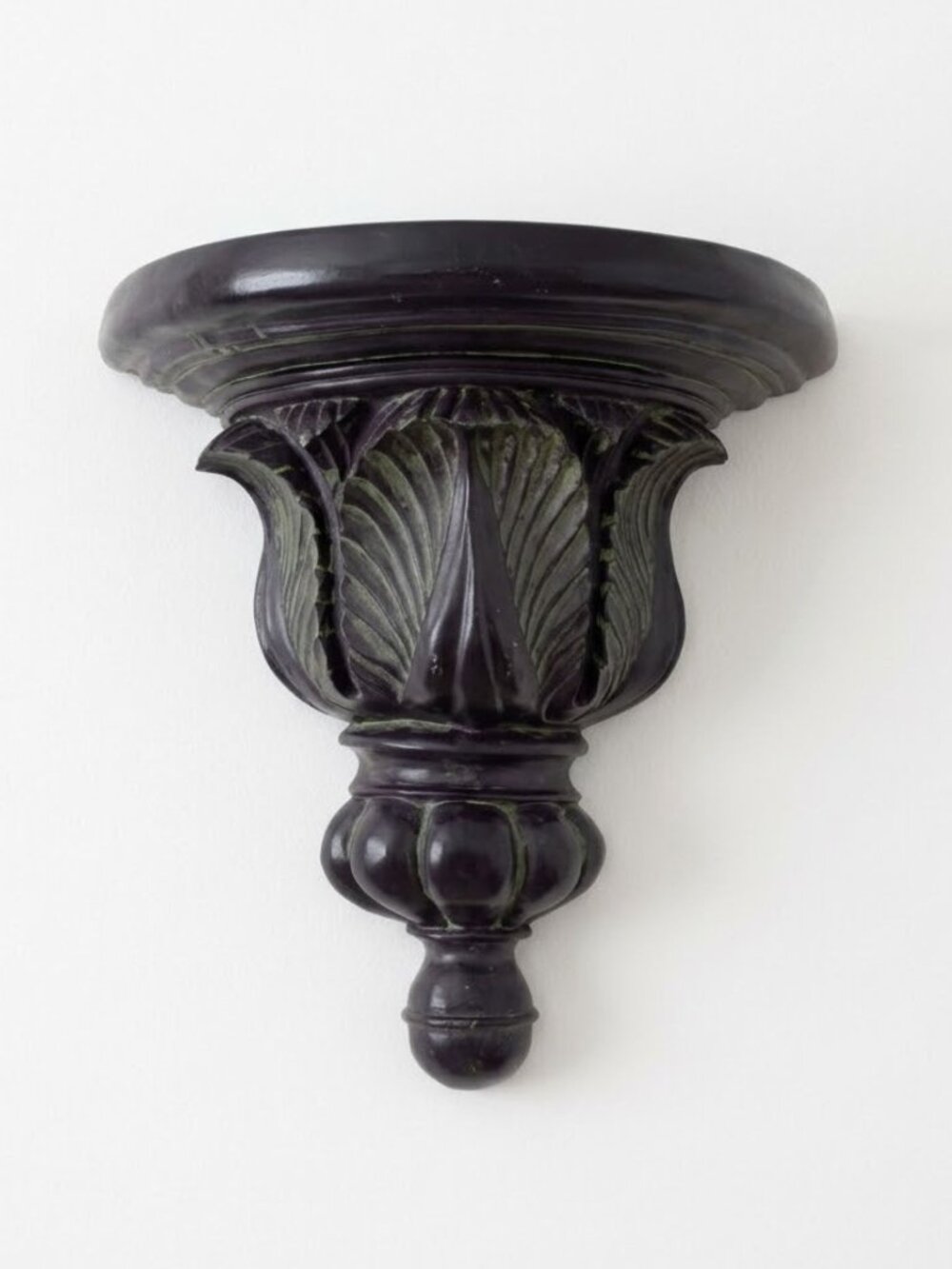 Vintage Acanthus Leaf Wall Shelf Sconce Resin Black Verdigris Florentine 11"